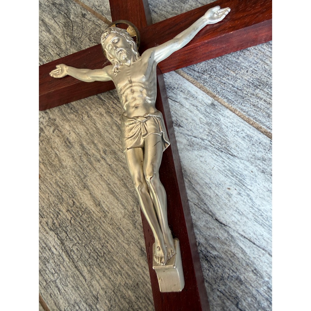 Wooden Wall Crucifix Silver Tone Corpus INRI Cross Religious Jesus Holy Spirit